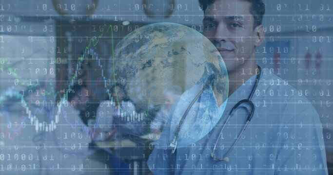 Male doctor wearing stethoscope studying globe with binary code and line graphs in lab, copy space