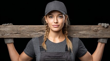 Professional carpenter showcasing wooden plank studio setting career tools empowering environment confident viewpoint