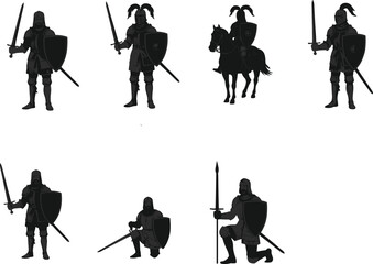 Obraz premium Medieval knights in battle poses with swords, shields, spears and horse, perfect for historical, fantasy or RPG themed design projects.
