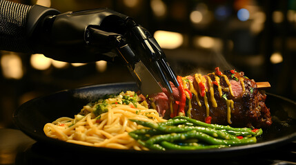 Robotic Arm Plating a Dish with Pasta, Green Beans, and Steak