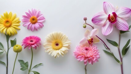 Colorful flowers including yellow, pink, and white daisies and an orchid arranged on a white background.