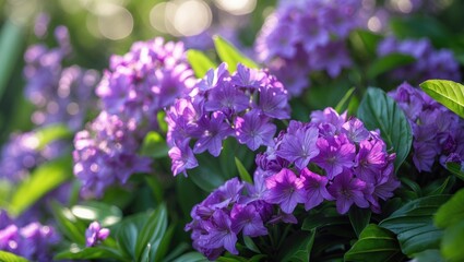 Clusters of purple flowers with green leaves and soft sunlight in the background.