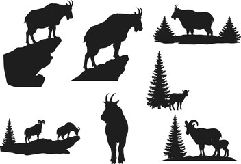 Mountain goats wildlife silhouette set featuring rocky cliffs, forest pine trees, alpine scenery, wilderness animals, and nature adventure vector art.