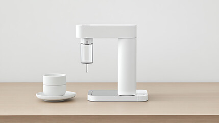 Modern Minimalist Coffee Machine with Cup on Wooden Table