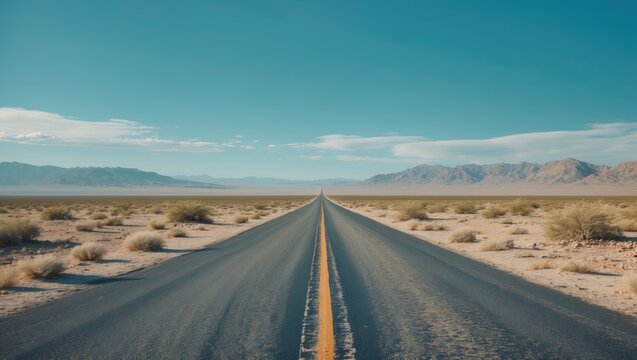 Long straight road through desert landscape with distant mountains and blue sky.