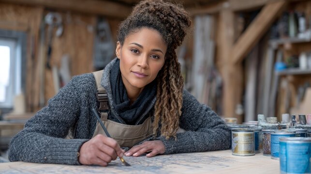 Professional female carpenter painting wood with tools in workshop environment for career growth
