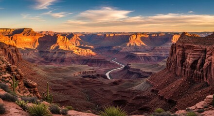 Grand canyon vista featuring a winding river under a blue and cloudy sky at sunset with canyon walls