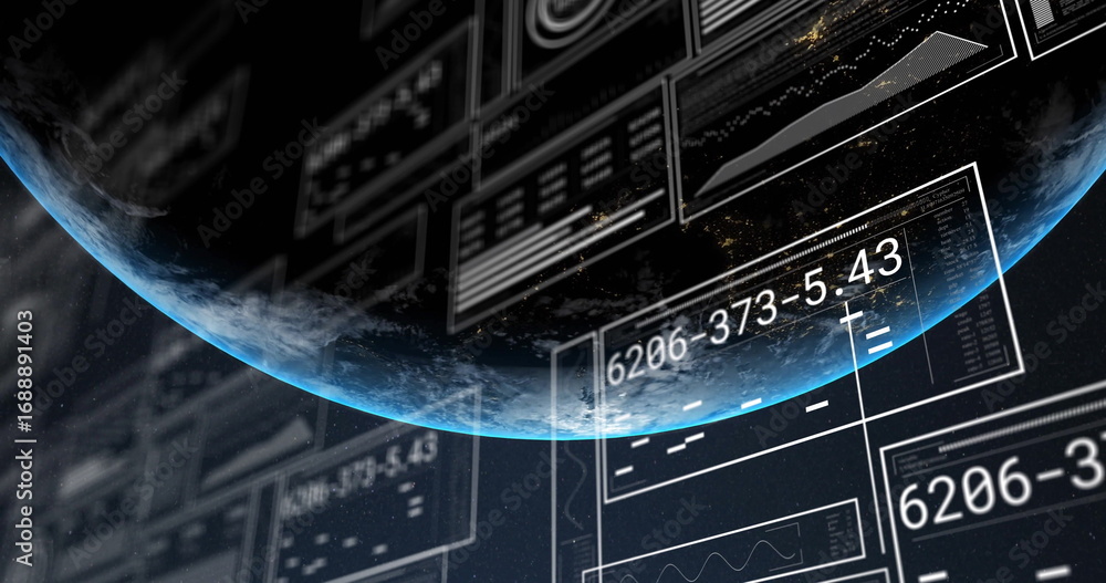 Poster displaying curved planet horizon glowing in orbital analytics interface, with data panels and codes