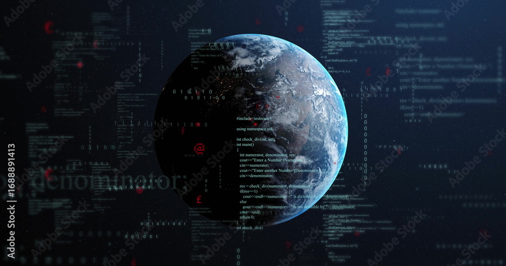 Fototapete rotating earth floating in dark space, with code snippets, binary digits and alphanumeric codes
