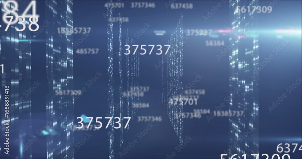 Poster floating numeric sequence 375737 streaming through digital data corridor with glowing columns