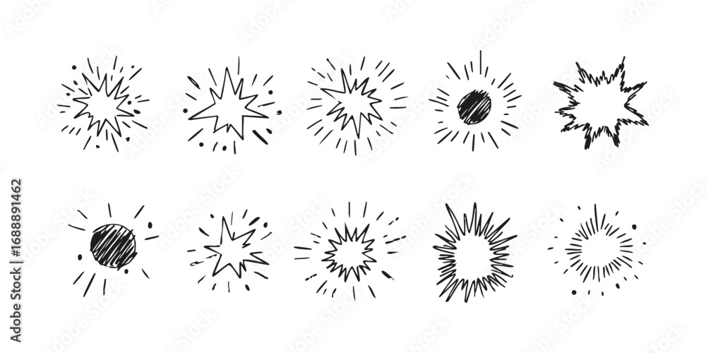 Poster hand-drawn explosion and burst elements set. dynamic energy and impact collection. isolated vector i