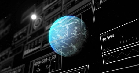 Floating blue-green planet in space, displaying panels with readouts and waveforms near bright star