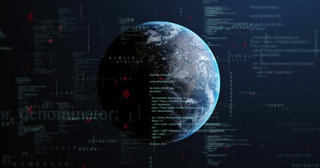 Rotating Earth floating in dark space, with code snippets, binary digits and alphanumeric codes