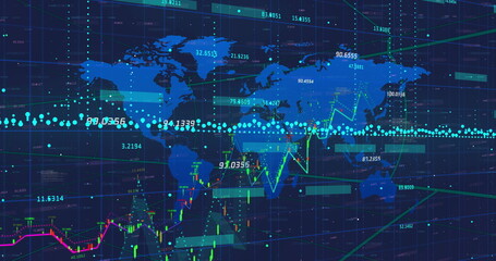 Displaying world map data visualization overlaying grid, with colored trend lines and data nodes