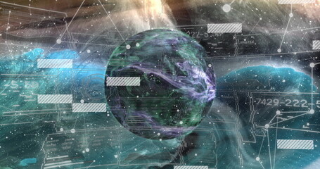 Central purple-green planet spinning in cosmic data interface, with nebula clouds and network lines