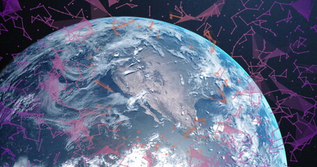 Displaying planet Earth rotating over North America in space, purple network lines and red arrows