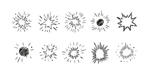 Hand-Drawn Explosion And Burst Elements Set. Dynamic Energy And Impact Collection. Isolated Vector Illustration