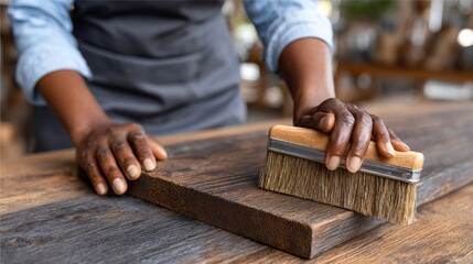 Professional female carpenter using tools to sand wood edges workshop action shot craftsmanship close-up for career growth