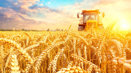 Tractor Harvesting Wheat in a Golden Field at Sunset