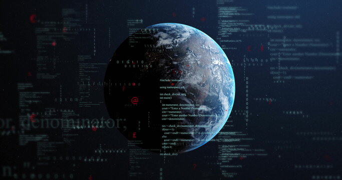 Naklejki Rotating Earth floating in dark space, with code snippets, binary digits and alphanumeric codes
