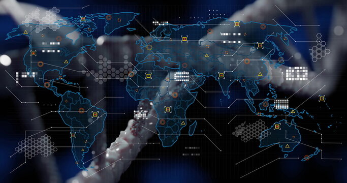 Displaying translucent world map on digital interface, showing double helix and data visualizations