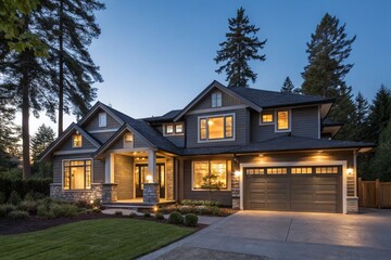 Naklejka premium Modern black house with flat roof and large windows illuminated at night, surrounded by trees and greenery. Urban architecture, stylish residential design under deep blue evening sky.