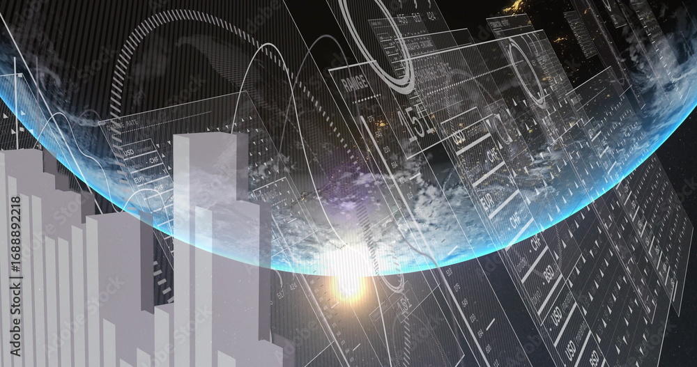 Poster Displaying curved illuminated Earth globe in virtual space, with numeric data panels and bar charts