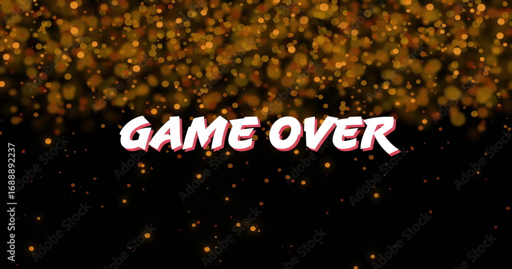 Poster displaying large game over text on dark background with golden bokeh lights and game end screen