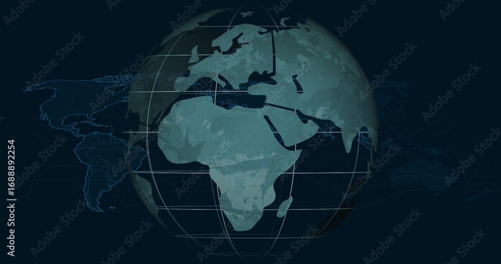Poster displaying digital globe with grid lines, network arcs and faint map outlines on navy background