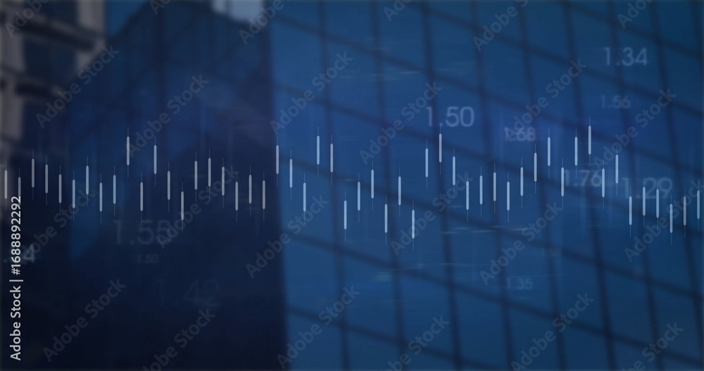 Poster displaying candlestick chart bars fluctuating on skyscraper glass facade, with numeric values