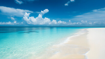 Fototapeta premium Tropical Beach with Blue Ocean, Tranquil Sky, and Sandy Shore - Perfect Summer Vacation Destination