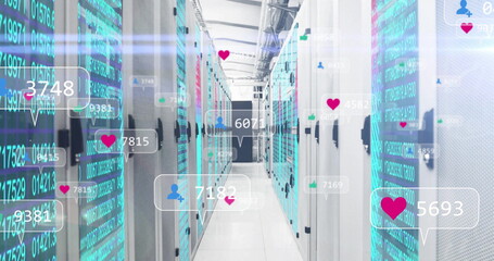 Corridor stretching in data center, with server racks, cables and streams, floating social metrics