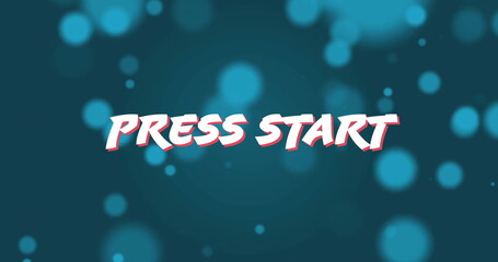Displaying stylized PRESS START text on digital interface, with teal-blue bokeh backdrop