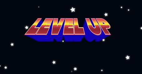 Featuring bold 3D LEVEL UP letters floating in cosmic backdrop, with scattered white stars
