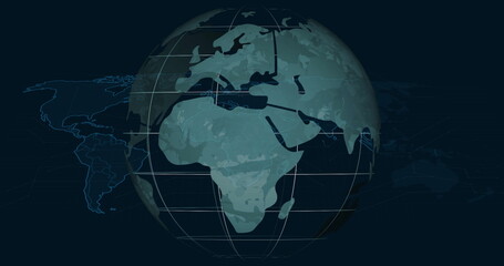 Displaying digital globe with grid lines, network arcs and faint map outlines on navy background