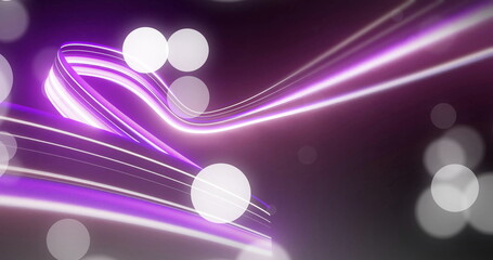 Flowing purple and white neon ribbons weaving across dark backdrop, with dotted streaks, round orbs