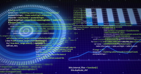 Showing circular HUD overlaying code editor console output on glowing screen grid with particles