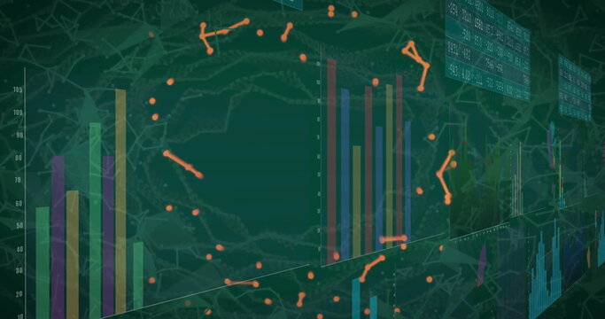 Displaying glowing orange node network on digital dashboard, with bar charts and map grid overlay
