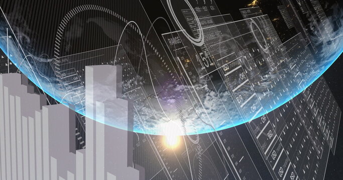 Naklejki Displaying curved illuminated Earth globe in virtual space, with numeric data panels and bar charts