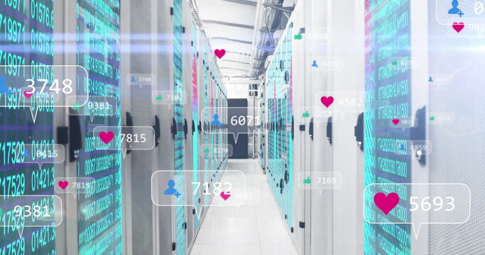 Corridor stretching in data center, with server racks, cables and streams, floating social metrics