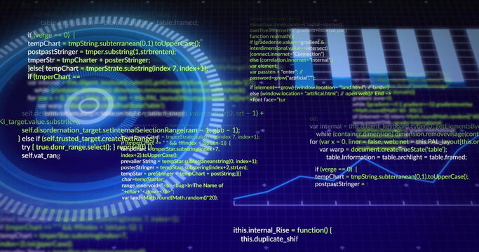 Showing circular HUD overlaying code editor console output on glowing screen grid with particles