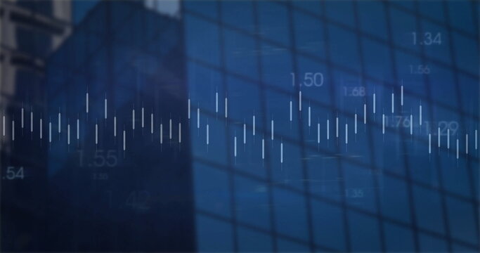 Displaying candlestick chart bars fluctuating on skyscraper glass facade, with numeric values