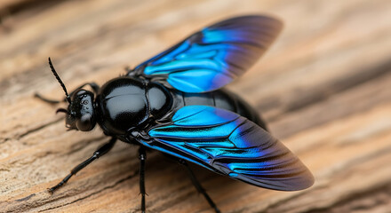 Macro photograph of a stunning black fly with vibrant iridescent blue wings resting on textured wood
