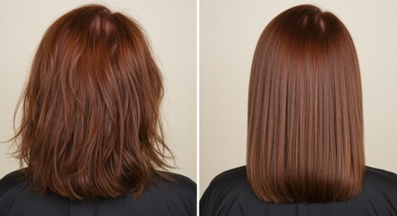 Before and after hair straightening treatment showing frizzy and sleek hair.