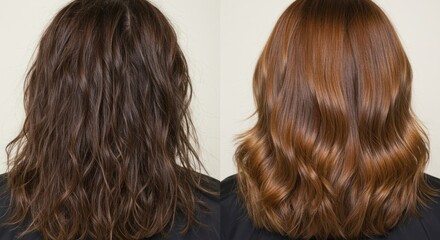 Before and after hair transformation featuring brown and auburn colored styles.