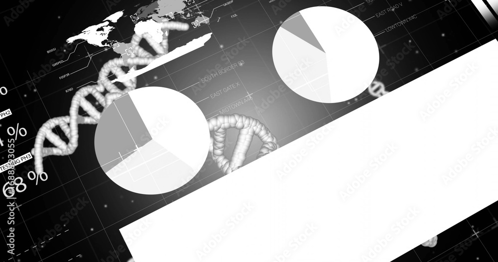 Poster displaying glowing 3d dna helix over grid interface, with pie charts, overlay and numeric labels