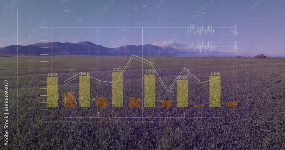 Aufkleber Displaying bar chart and line graph overlaying grassland at dusk with grid lines and numbers