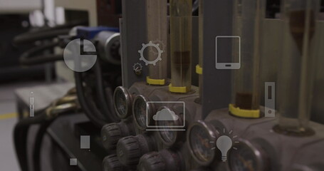 Showing manifold in lab, featuring tubes with yellow collars, hoses, pressure gauges and UI icons