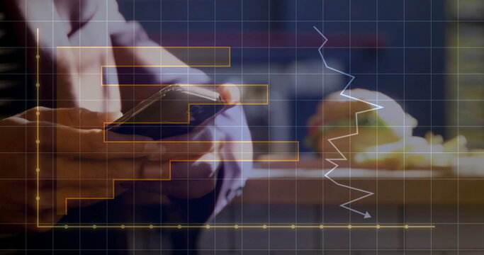 Shirted man holding smartphone in cafe, showing data charts with coffee cup and pastry, copy space