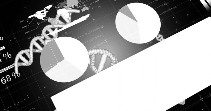 Displaying glowing 3D DNA helix over grid interface, with pie charts, overlay and numeric labels